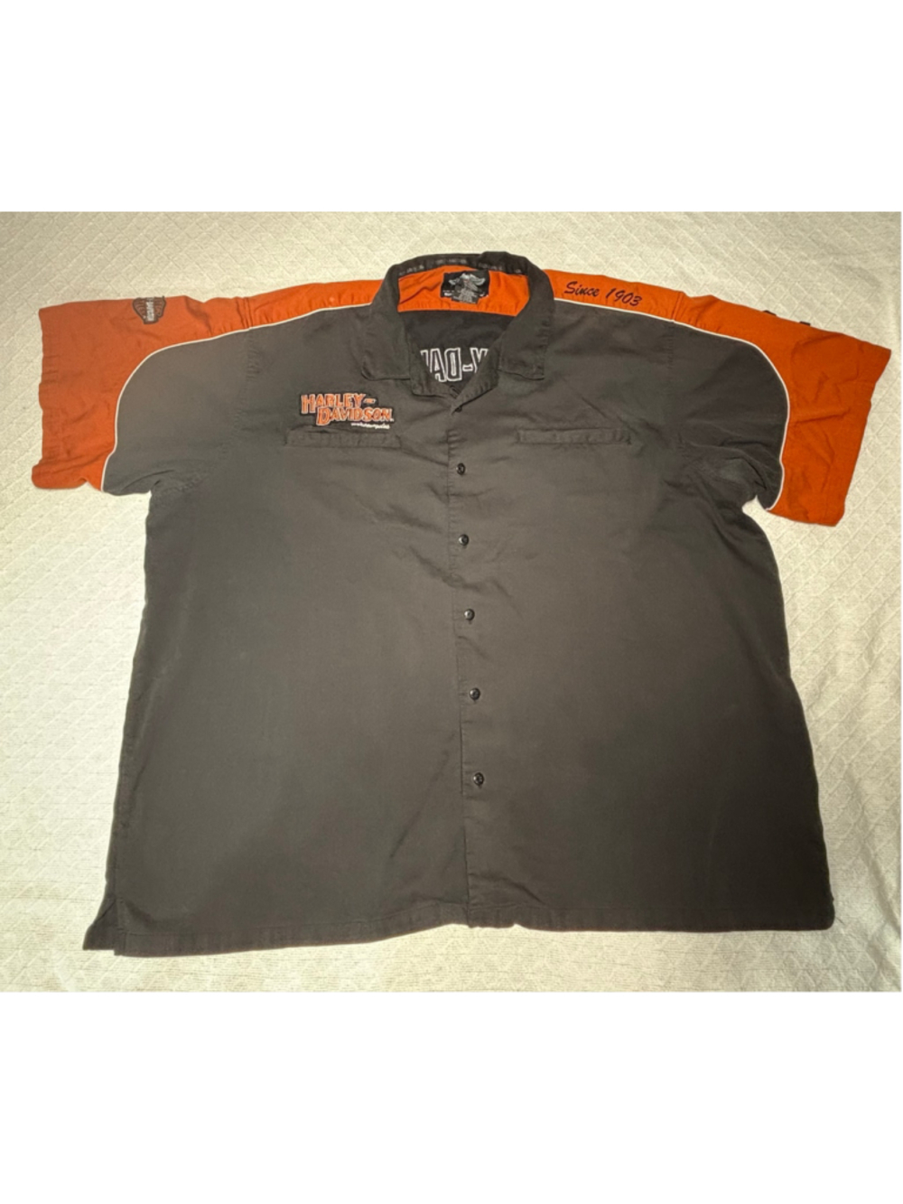 Vtg Harley Davidson Garage Mechanic Shirt Button Down Orange Black Biker 5XL